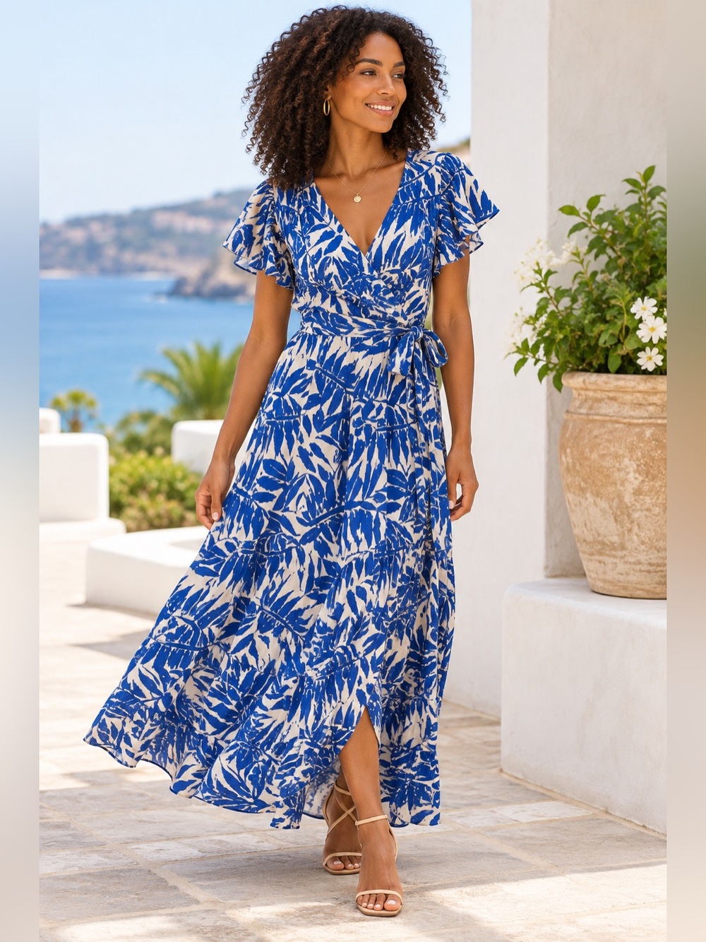 Kindred Botanical Print Wrap Maxi Dress Blue Medium NWT Resort